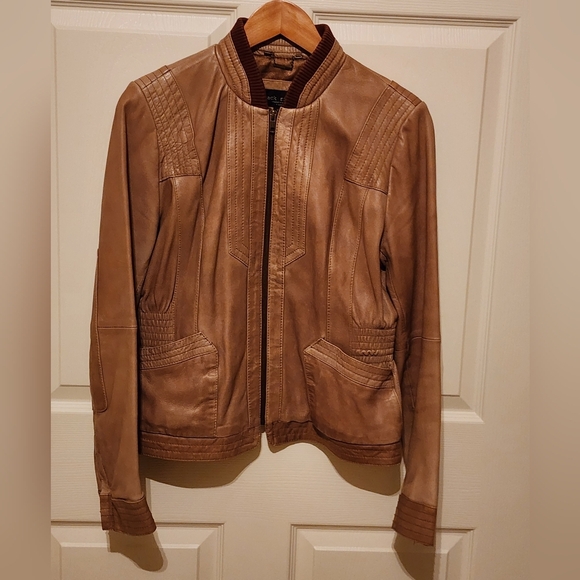 Black Rivet Women Tan Brown Soft Leather Casual Short Moto Biker Jacket Size M - Picture 1 of 10